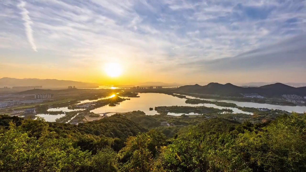 杭州萧山湘湖落日火烧日转夜延时视频素材