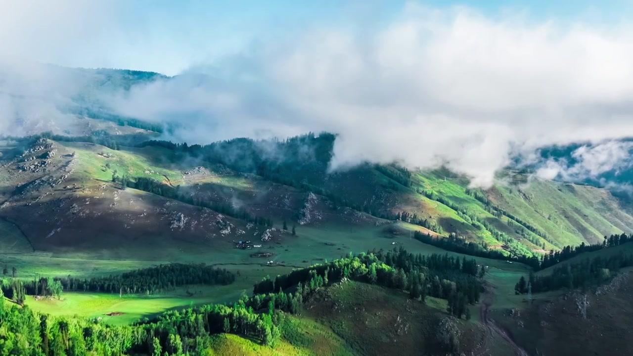 航拍山顶上的晨雾自然景观在中国新疆喀纳斯景区视频素材画面4