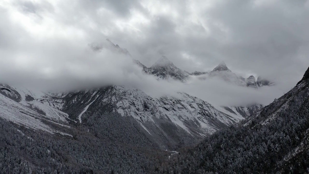 四川，毕棚沟雪景航拍俯拍视频素材