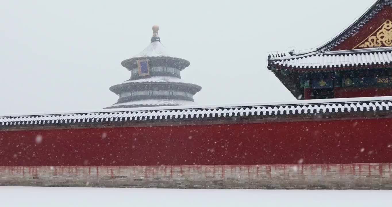 北京天坛祈年殿冬天的雪景，大雪中的古建筑。视频素材