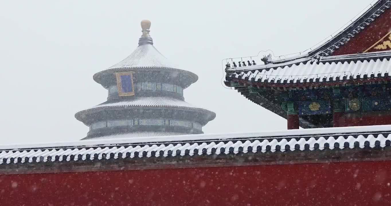 下雪天的北京天坛公园，祈年殿是天坛的地标建筑。视频素材