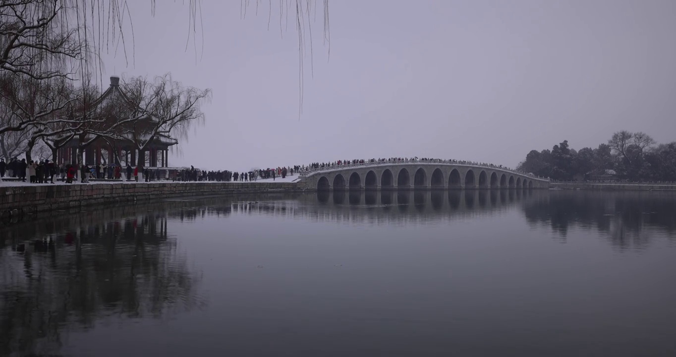 下雪天的颐和园十七孔桥视频素材