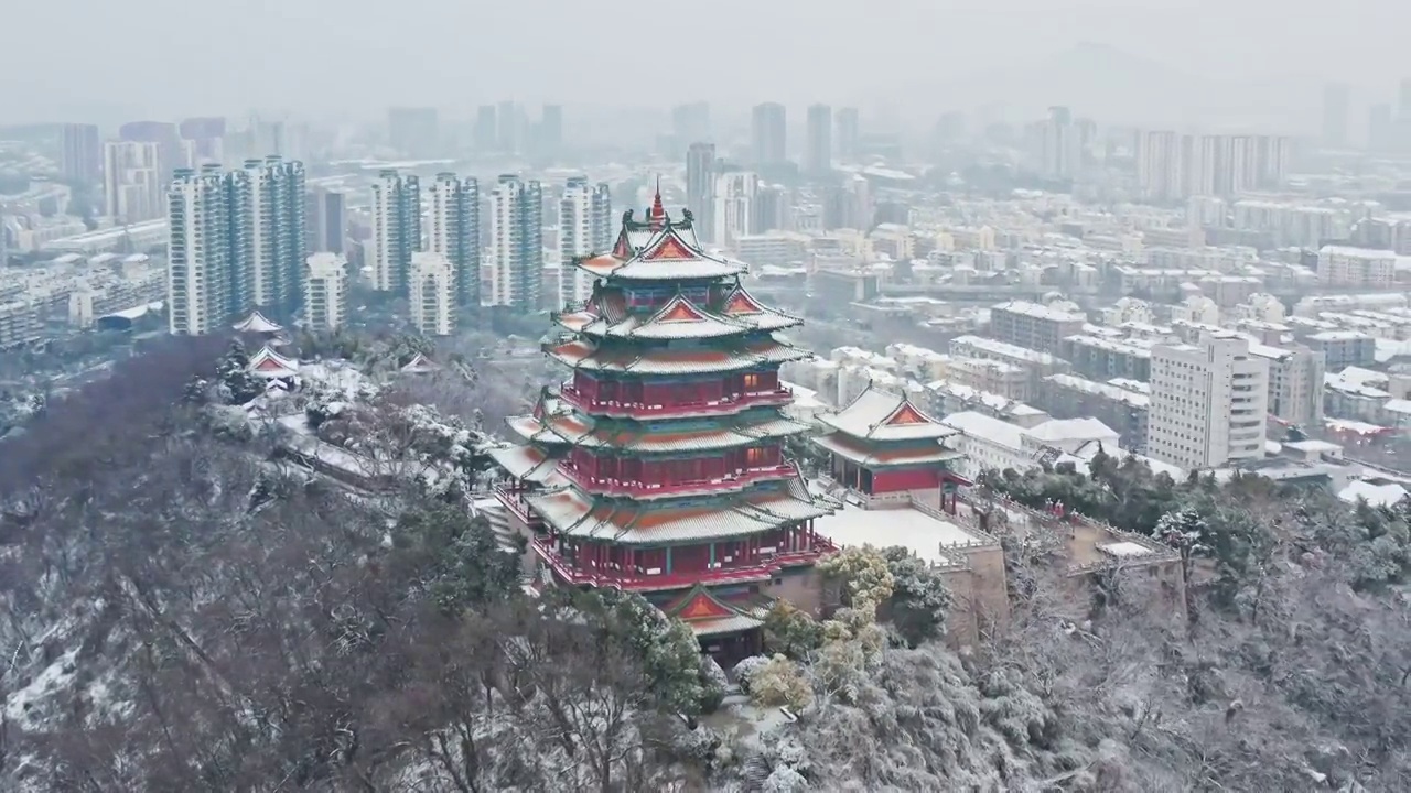 航拍南京阅江楼雪景视频素材