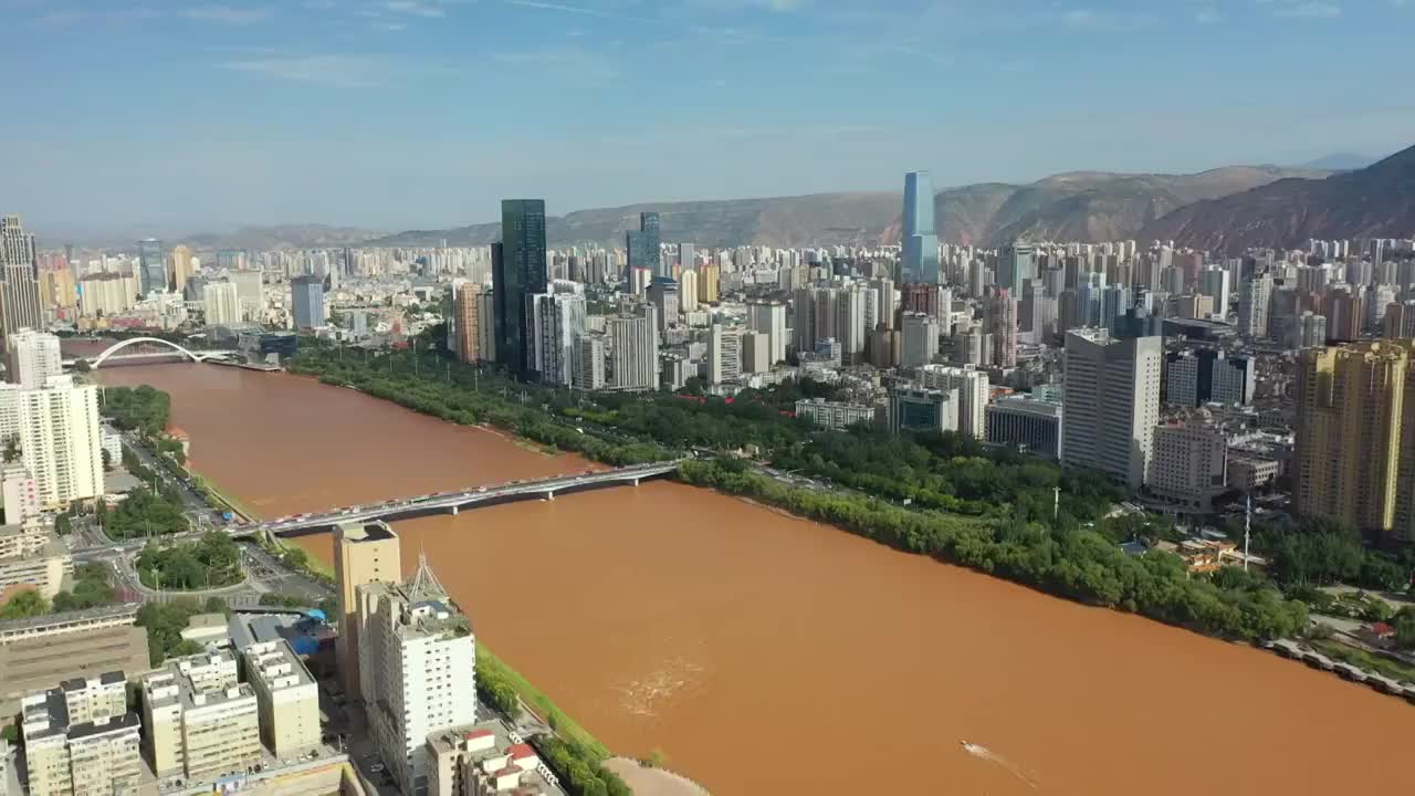 甘肃兰州城市摩天大楼天际线繁华的市中心市容黄河两岸风光景观航拍视频素材