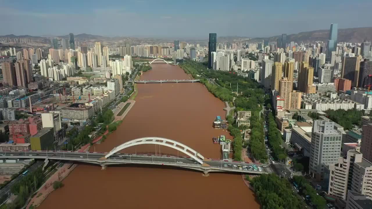 甘肃兰州城市摩天大楼天际线繁华的市中心市容黄河两岸风光景观航拍视频素材