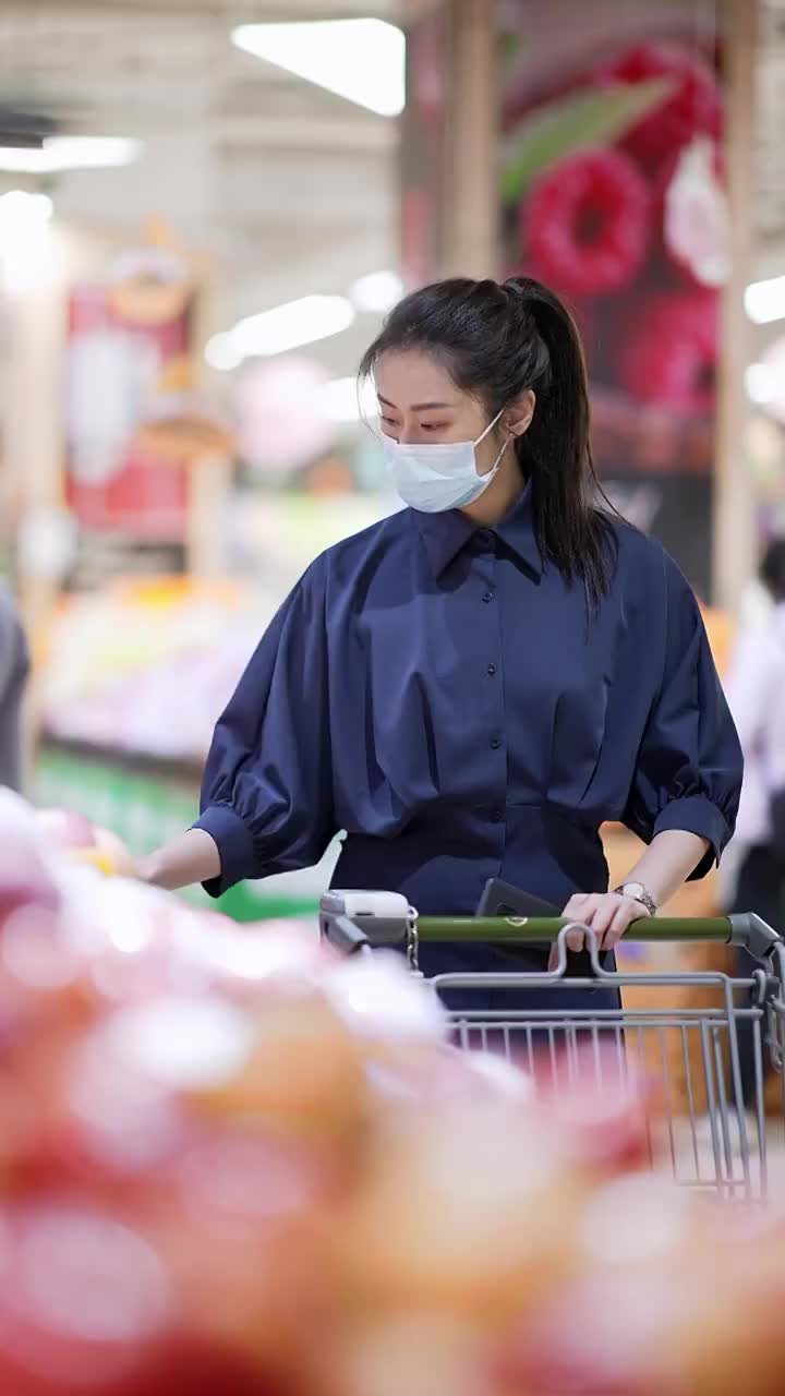 年轻女子在超市里选购水果视频素材