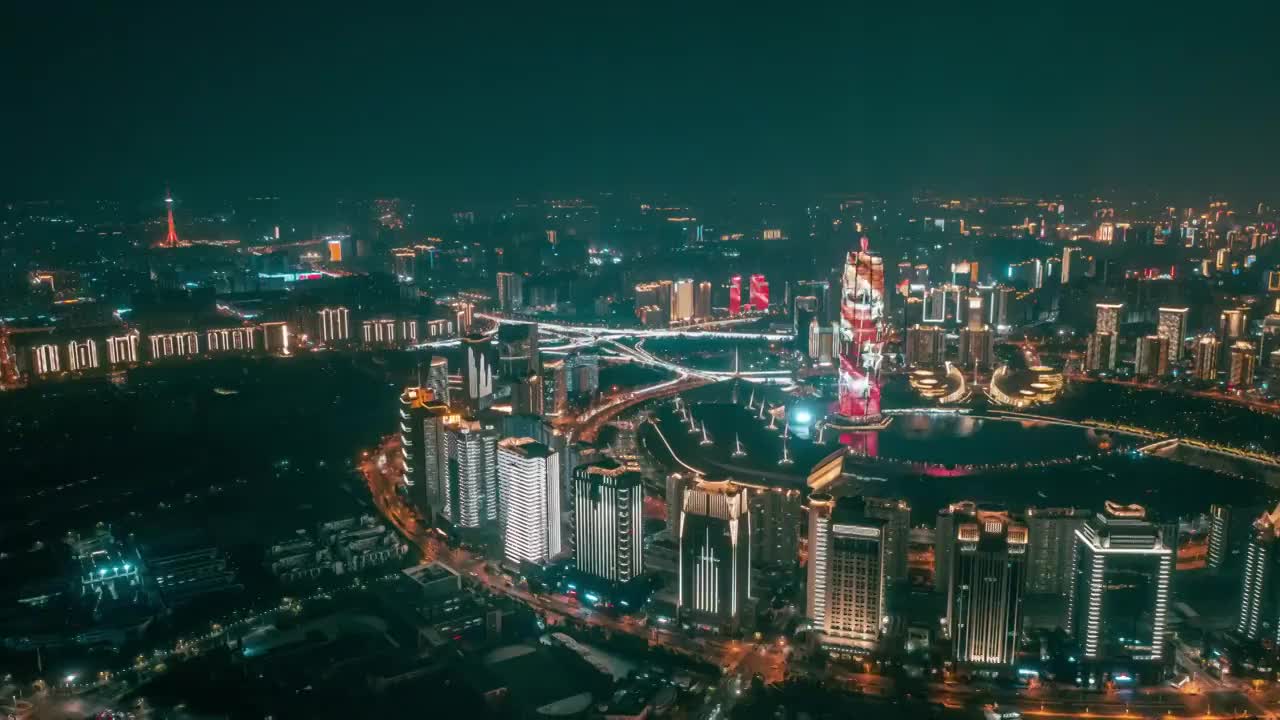 郑州如意湖cbd夜景航拍延时摄影视频素材