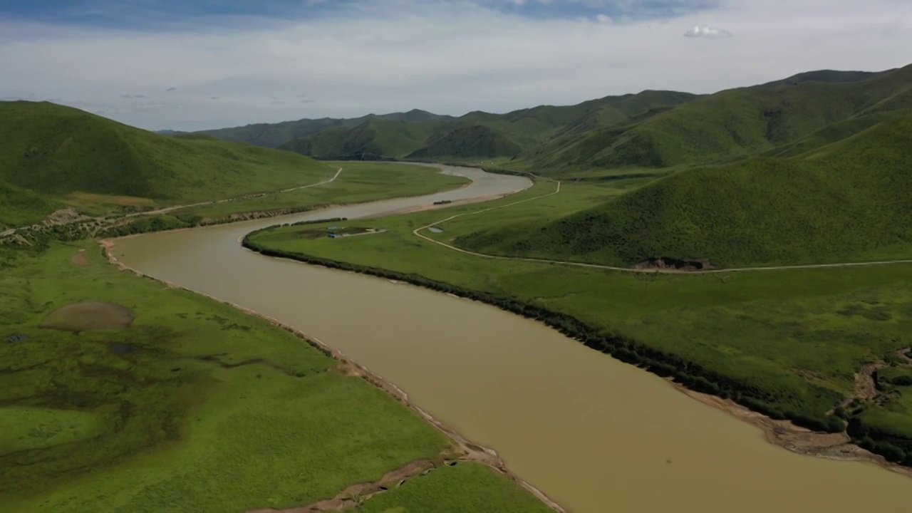 甘肃甘南州玛曲阿万仓湿地草原河流自然风光视频素材