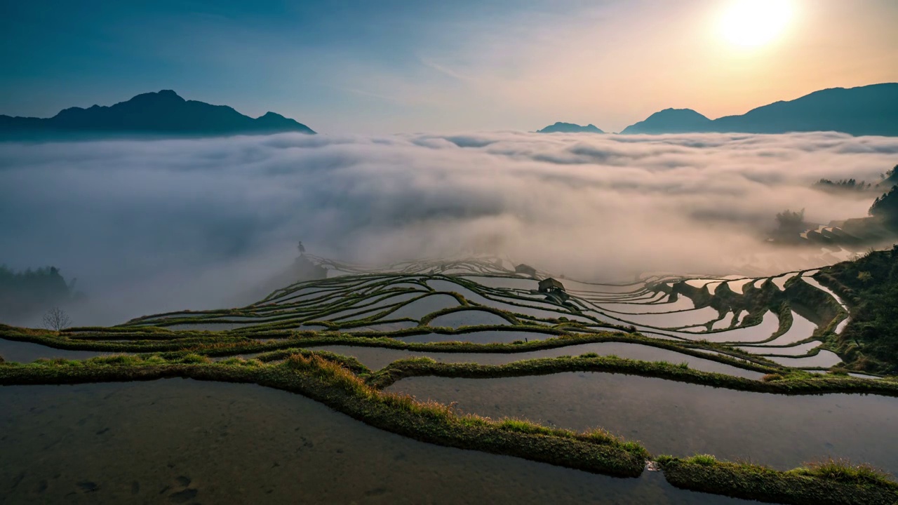 浙江丽水 云和梯田日出云海视频素材