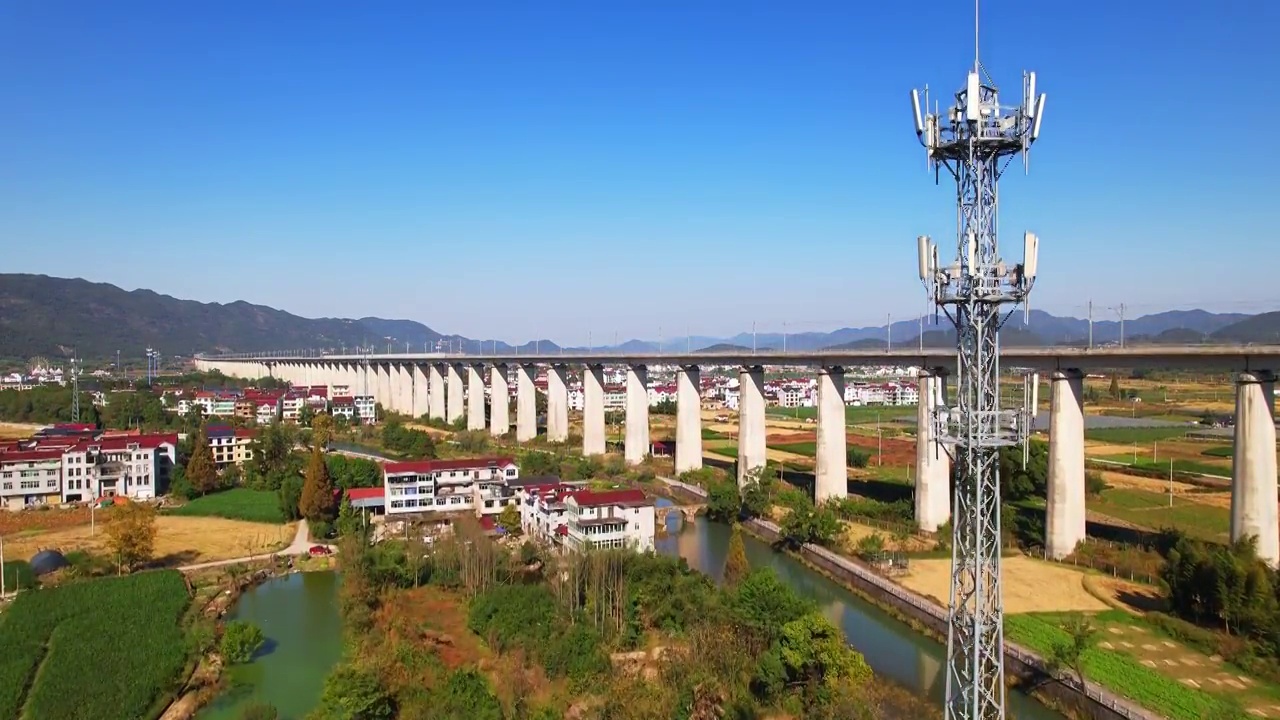 航拍蓝天下户外高架高铁铁路和无线通讯铁塔视频素材