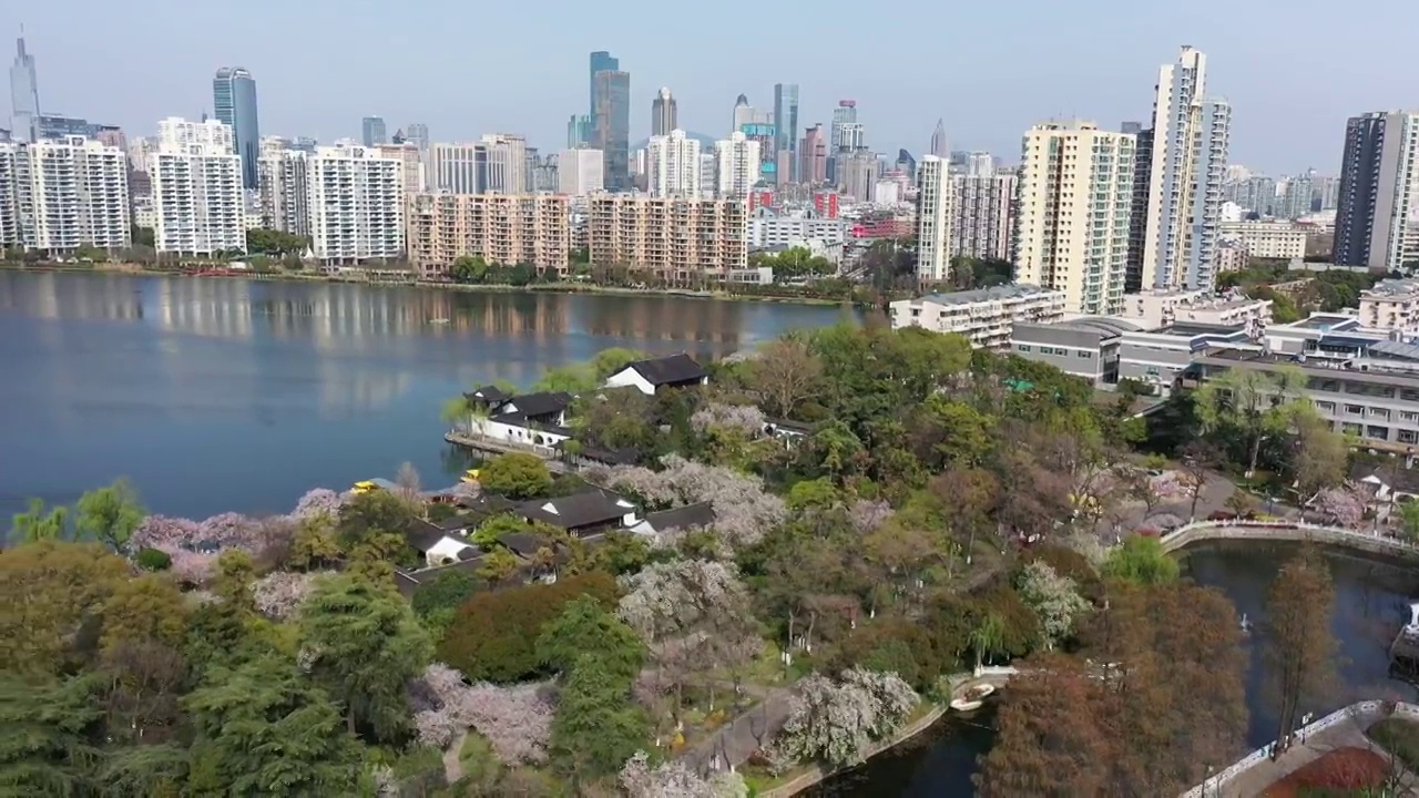 春季南京莫愁湖公园，莫愁湖，南京城市天际线风光视频素材