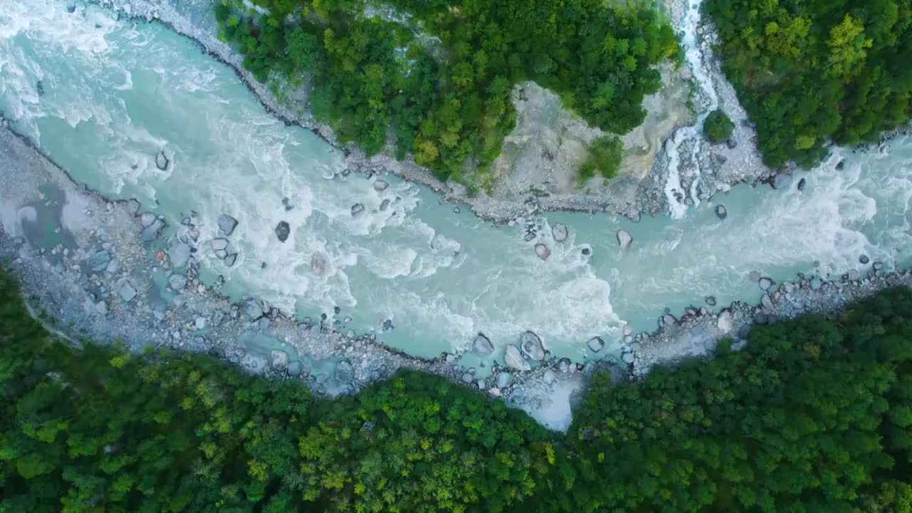 航拍绿色森林清澈蓝色河流视频素材