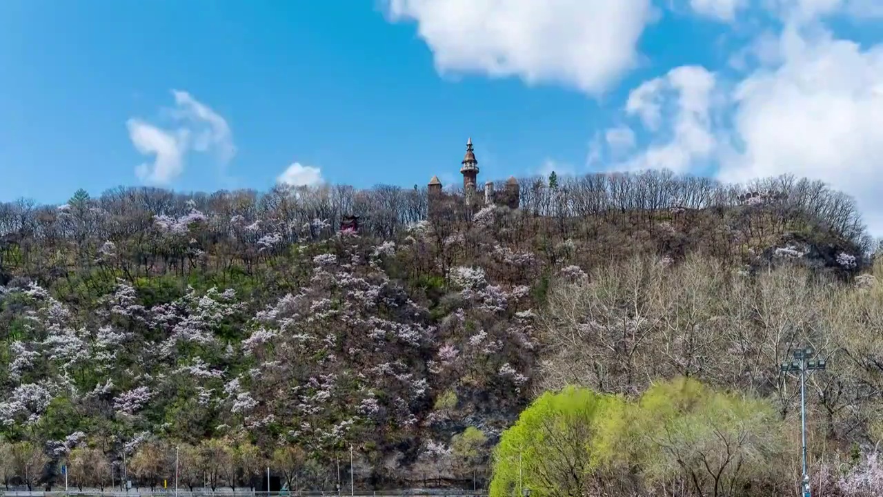 通化玉皇山春天花开欧式城堡视频素材