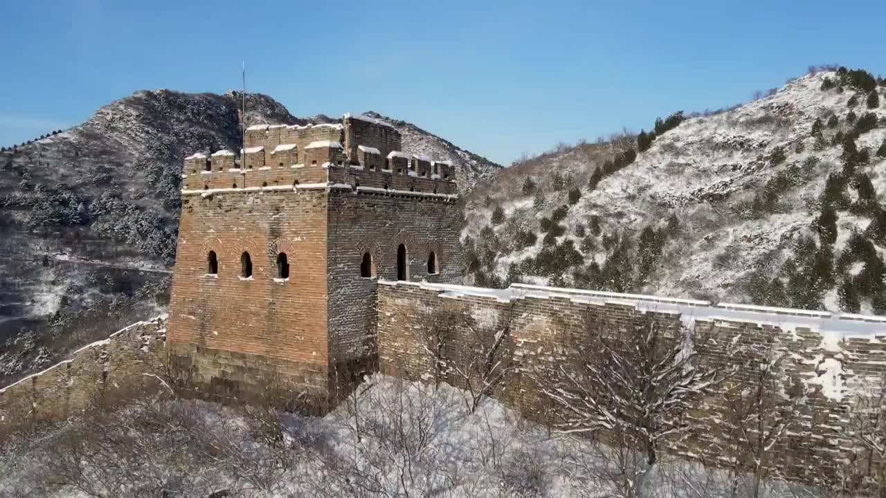 长城冬季雪景美丽雪景航拍合集视频素材