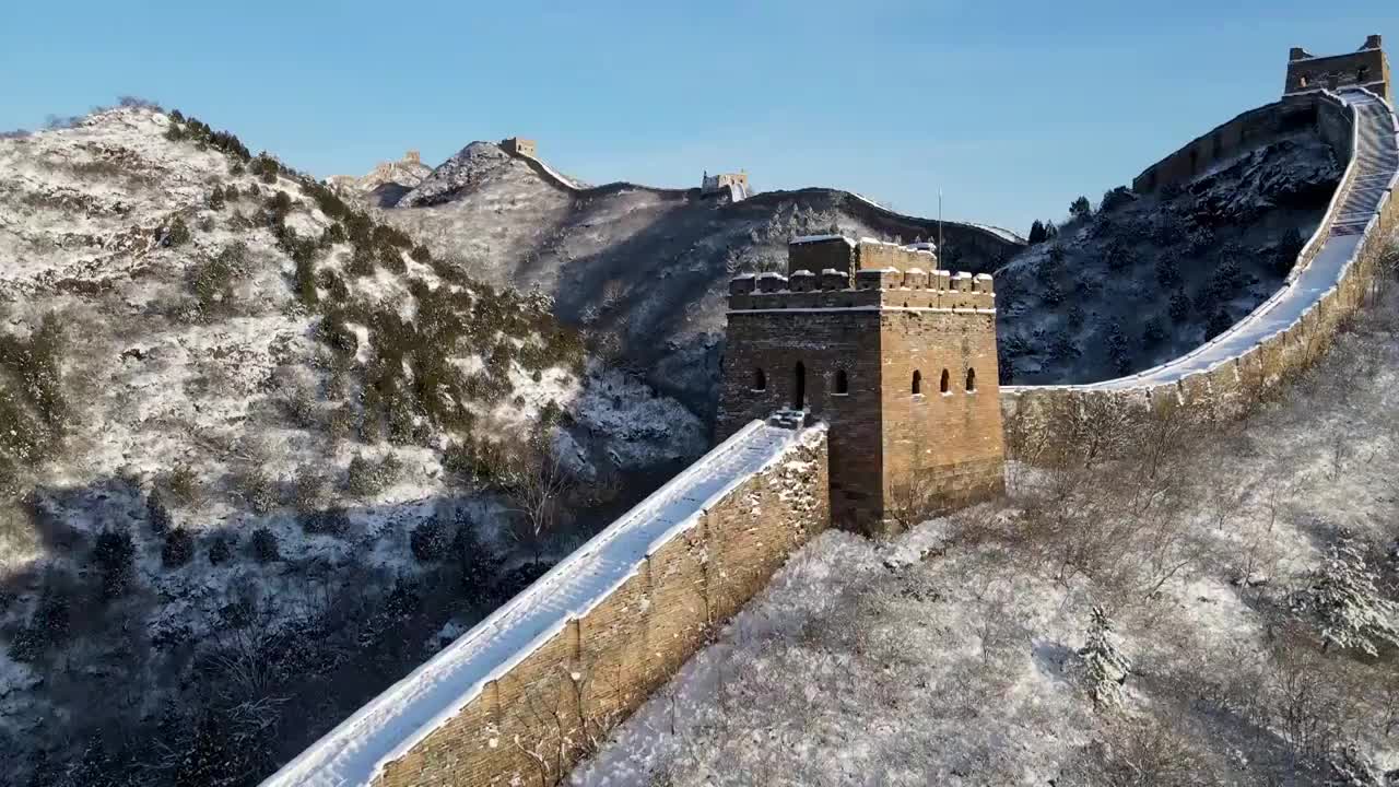 长城冬季雪景美丽雪景航拍合集视频素材