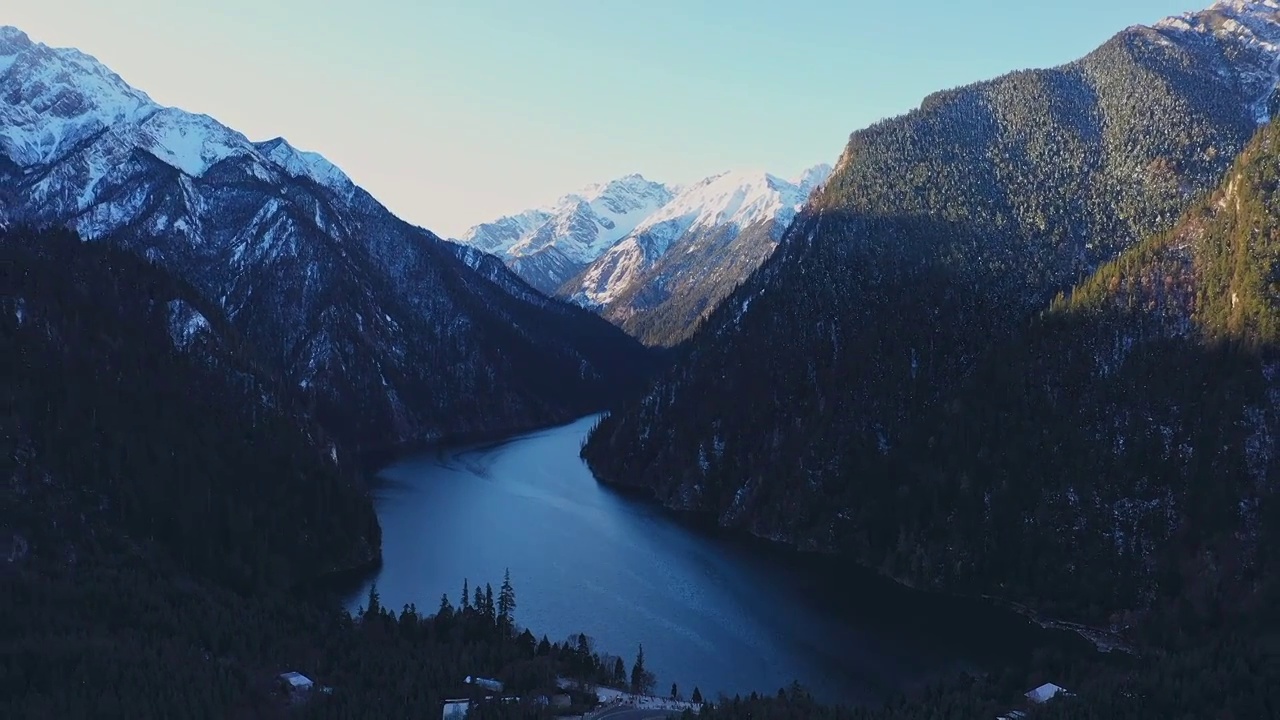 航拍雪后九寨沟长海风景视频素材