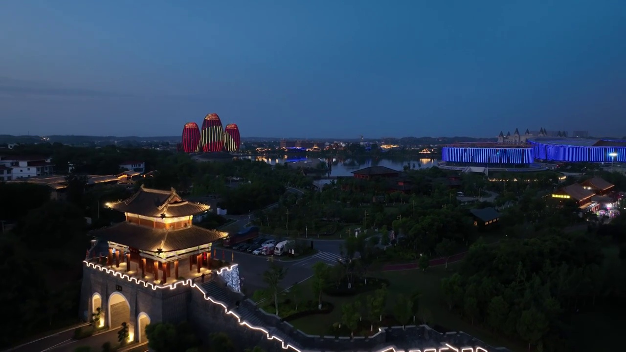 航拍南康家居小镇古城楼夜景视频素材