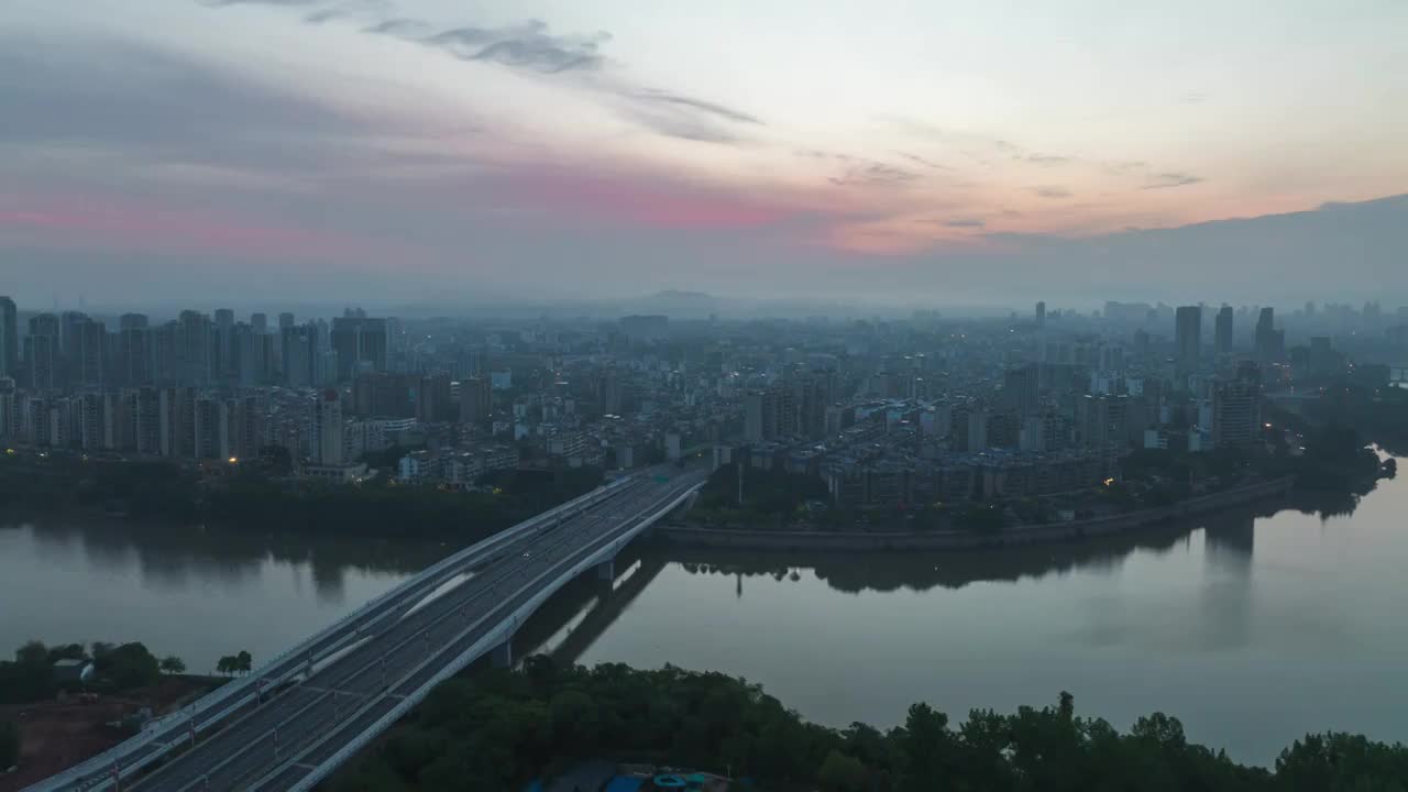 航拍杨梅渡大桥日出大范围延时视频素材