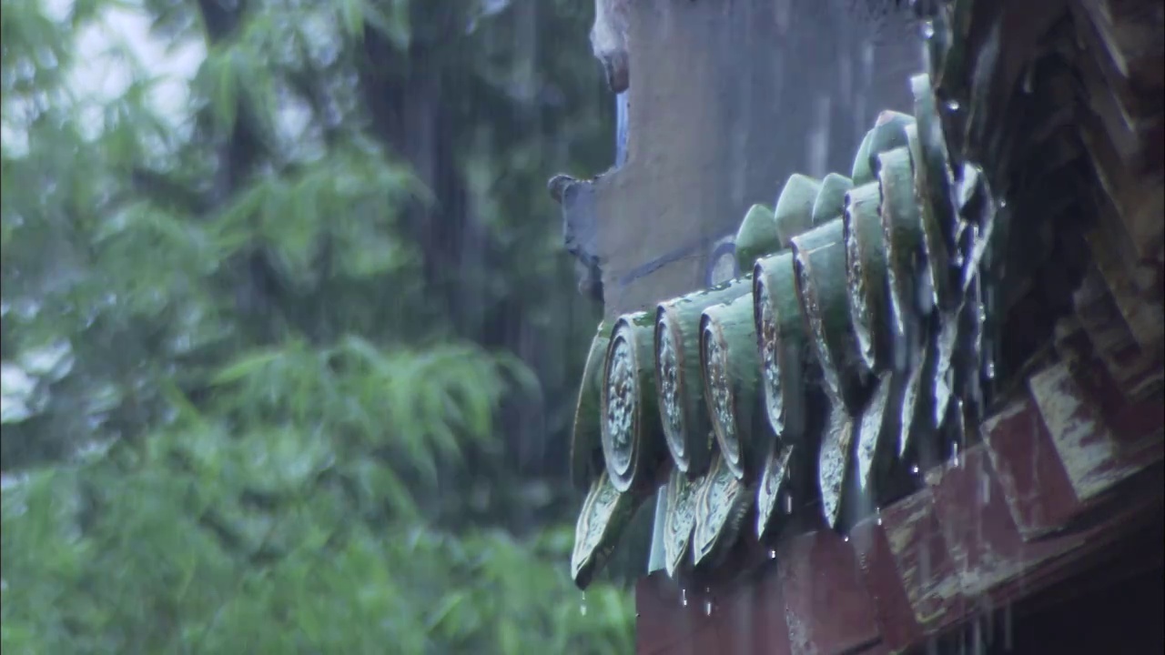 湖北十堰武当山雨中房檐一角固定机位视频素材