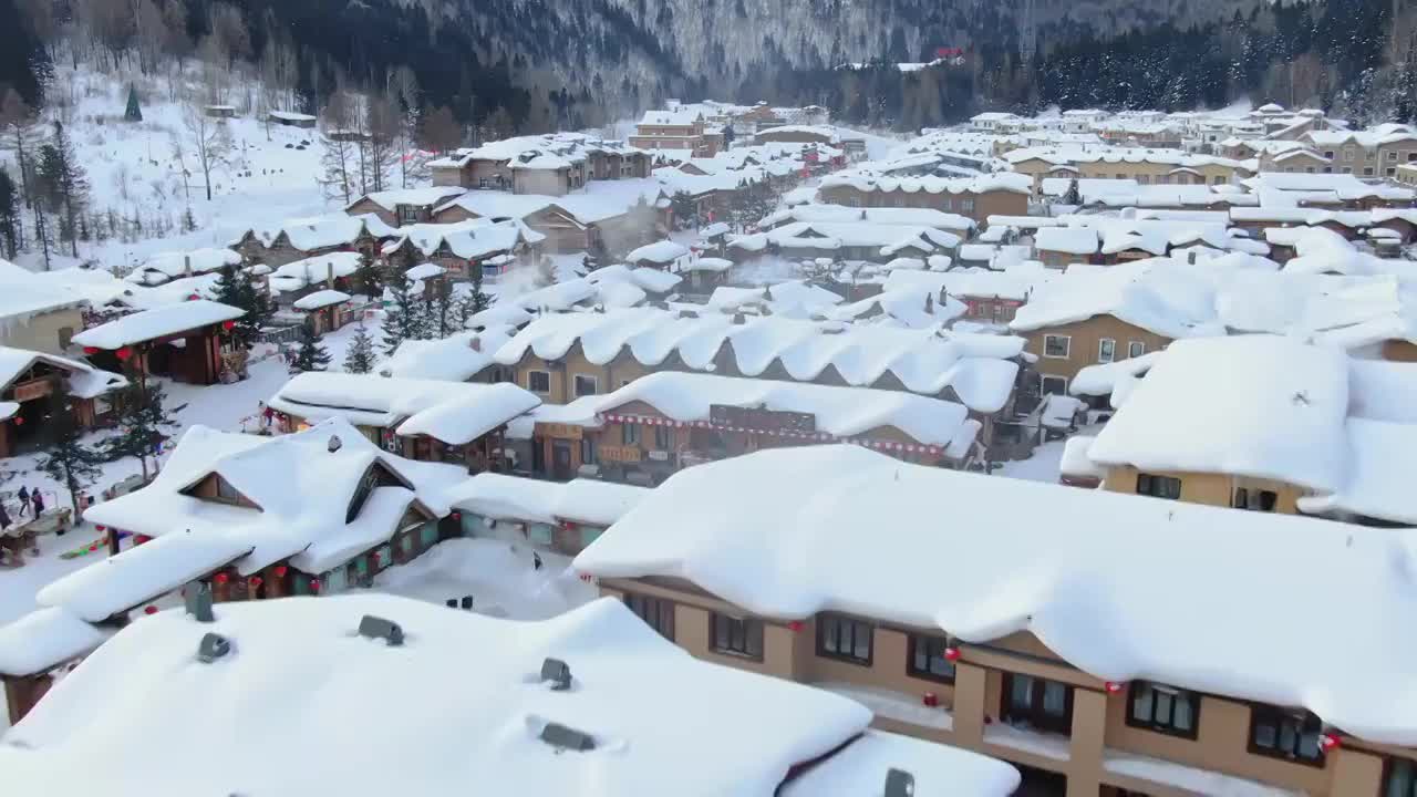 航拍中国雪乡东北雪乡美丽场景视频素材