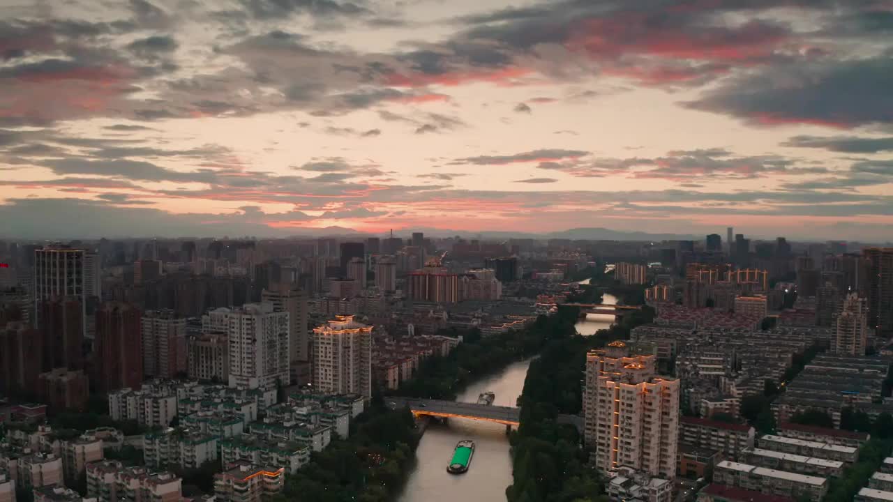 浙江省杭州市拱墅区大运河武林门夕阳航拍视频素材