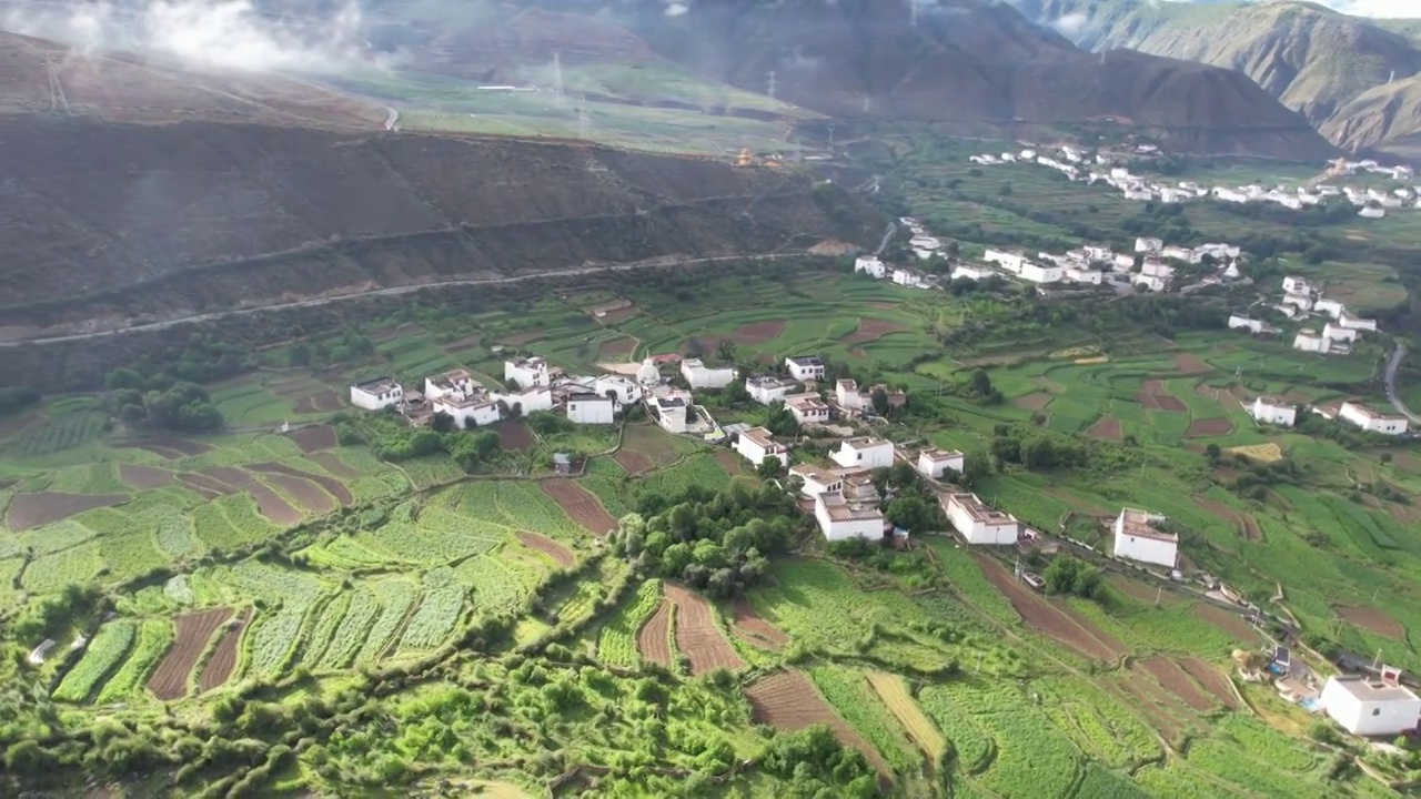 航拍四川川西甘孜州乡城县田园风光，初夏的青稞田白藏房和山谷自然风光。视频素材