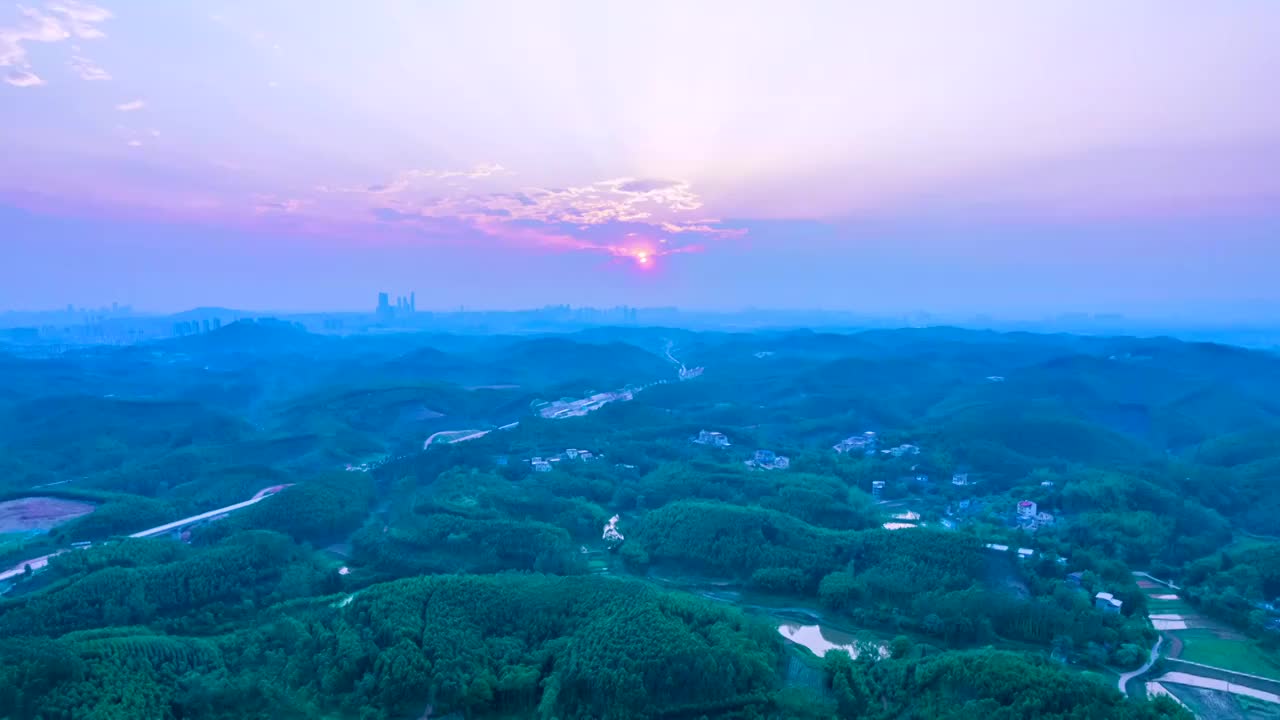 南方丘陵山林落日晚霞航拍延时摄影视频素材