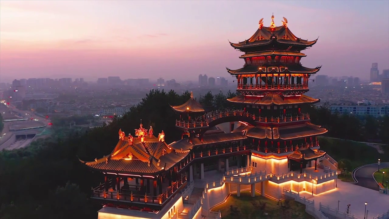 义乌鸡鸣阁夜景航拍视频素材