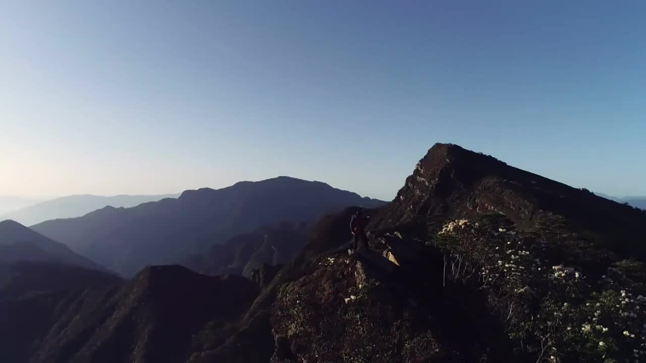 四川甘孜州泸定华尖山遥望贡嘎雪山杜鹃花云海航拍视频素材