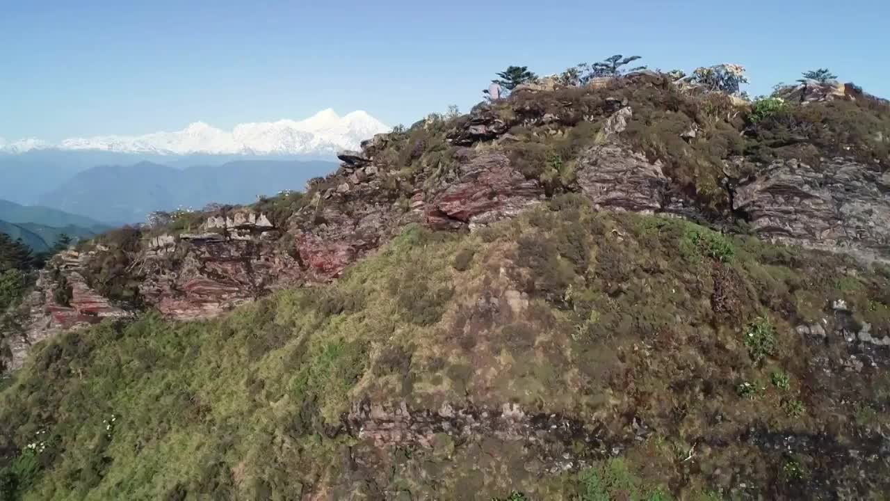 四川甘孜州泸定华尖山遥望贡嘎雪山杜鹃花云海航拍视频素材