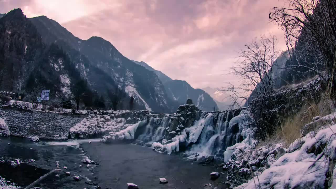 四川阿坝州毕棚沟冬季雪景延时视频素材