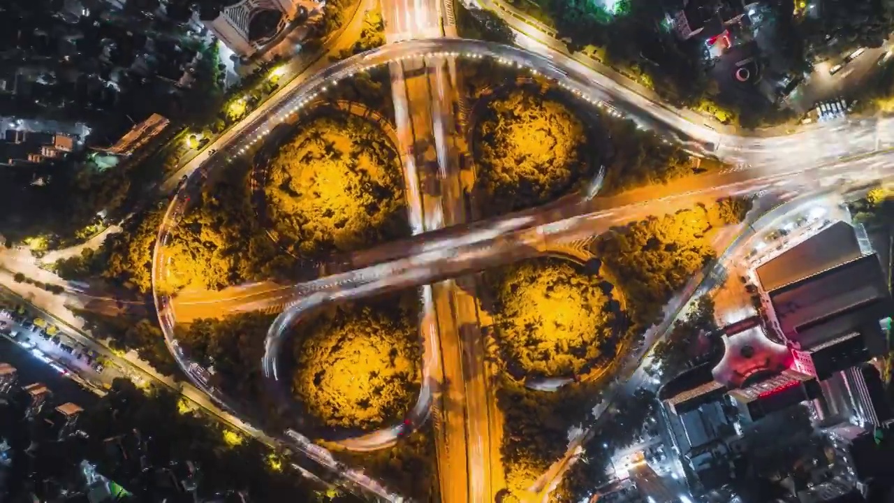 航拍城市立交桥夜景车轨延时视频素材