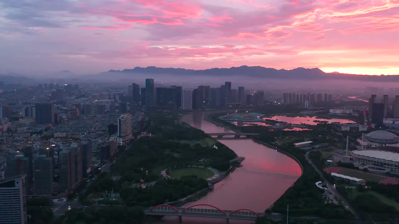 合集 义乌城市地标朝霞火烧云风光航拍（合集）视频素材