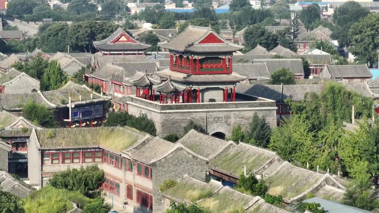 航拍山海关古城钟鼓楼视频素材画面1