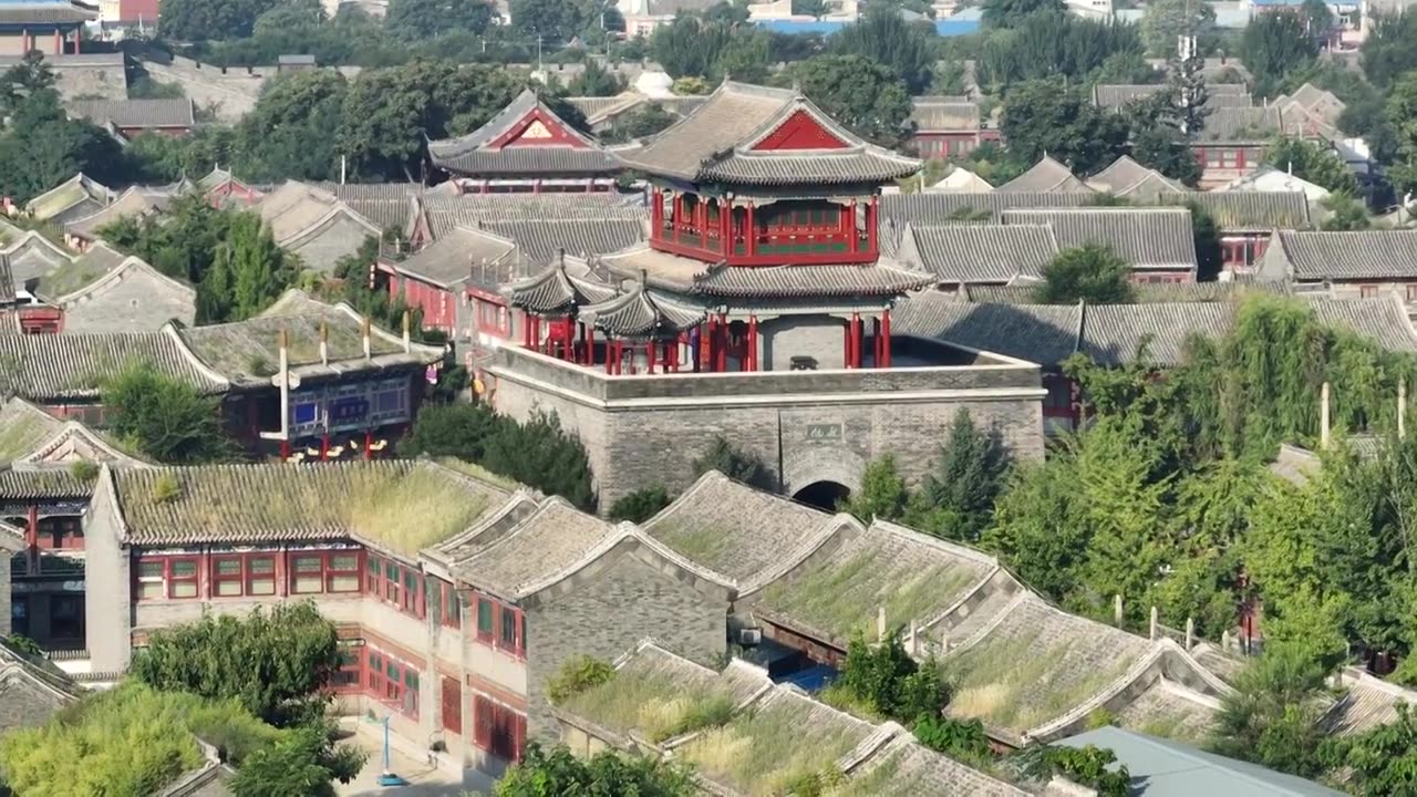 航拍山海关古城钟鼓楼视频素材画面2