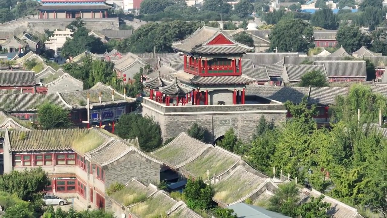 航拍山海关古城钟鼓楼视频素材画面4