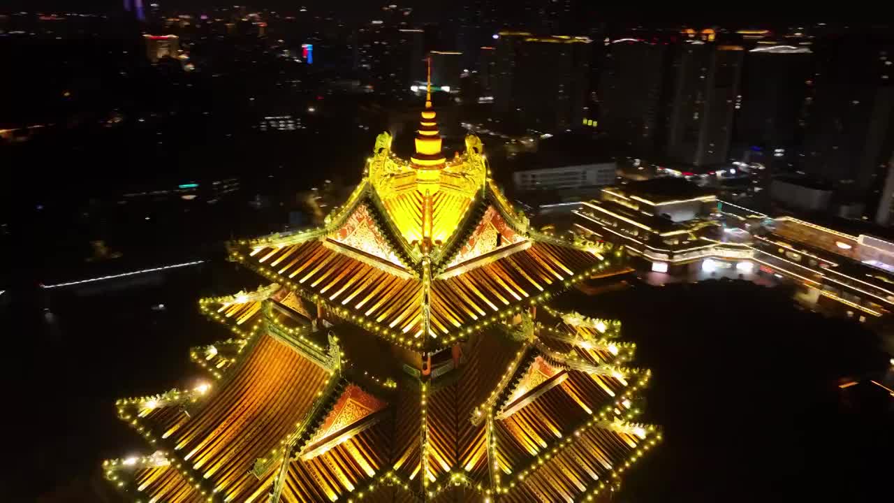 航拍南京阅江楼亮灯夜景视频素材