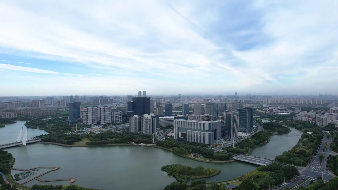 航拍中国河南郑州龙子湖城市风光视频素材