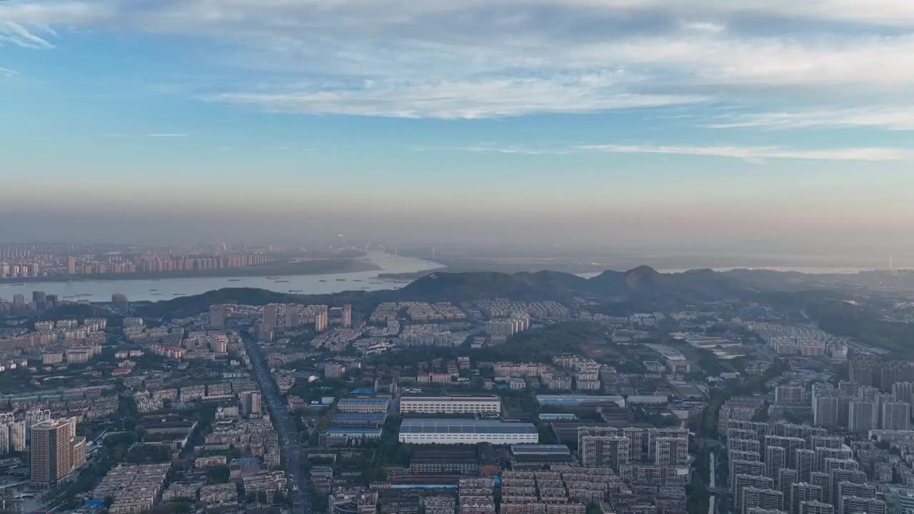 航拍日出时的南京长江沿岸风光视频素材