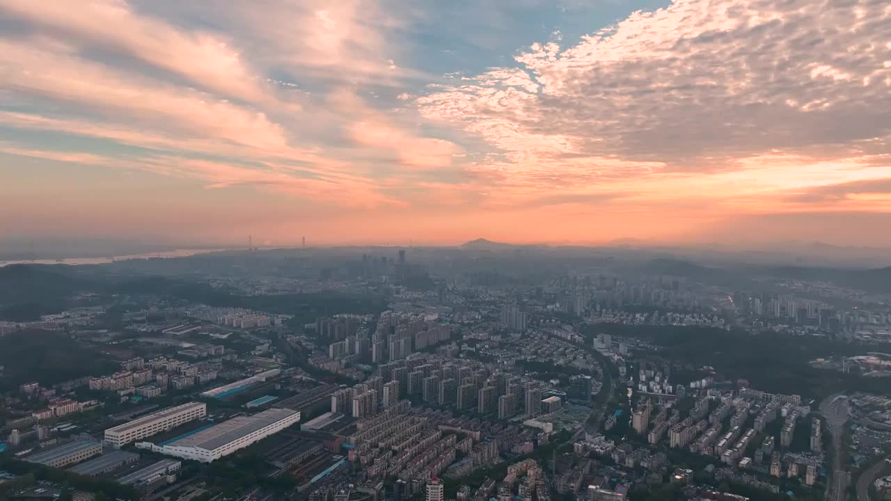 航拍日出时的南京长江沿岸风光视频素材