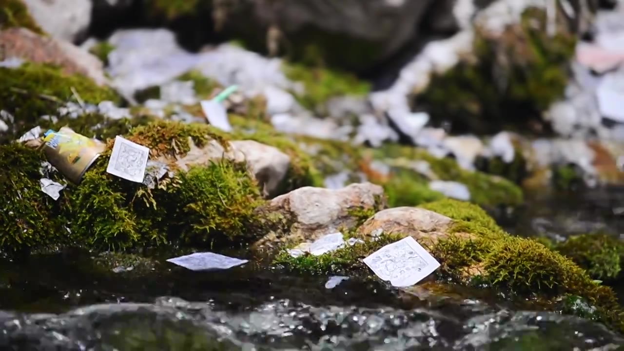 龙达洒落在苔藓的小溪流水中视频素材画面2