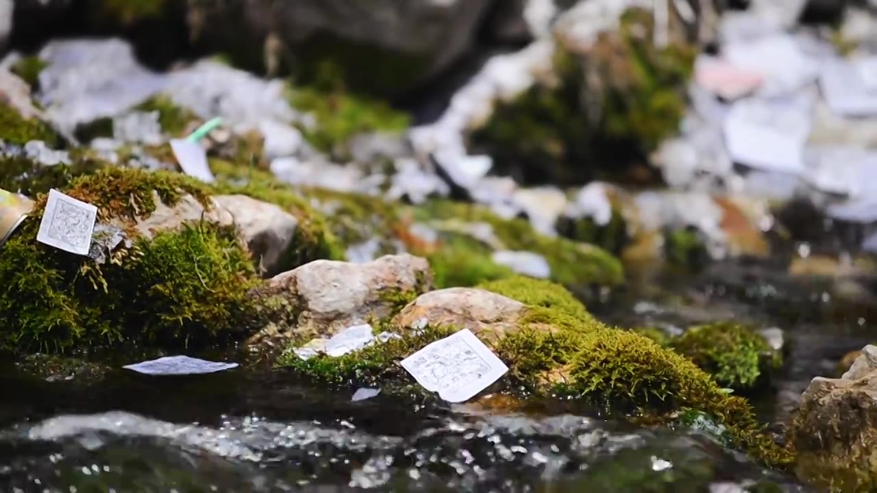 龙达洒落在苔藓的小溪流水中视频素材画面4