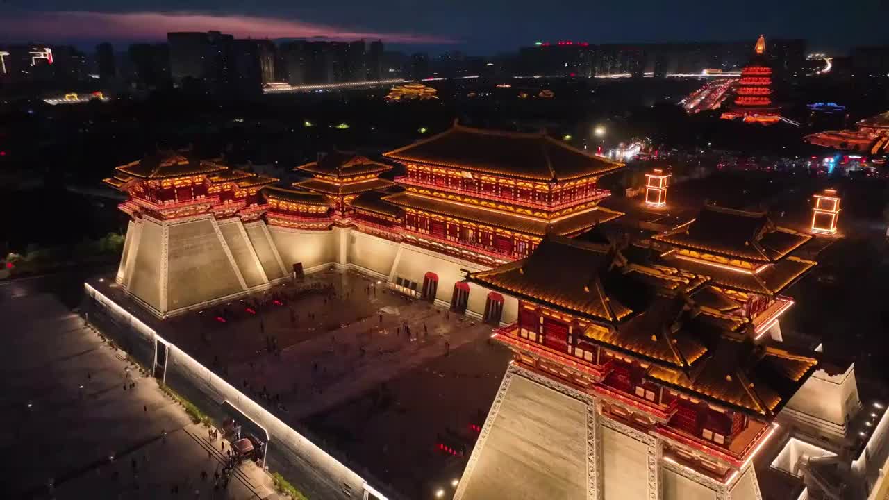 航拍河南洛阳应天门建筑风光夜景灯光城市地标视频素材