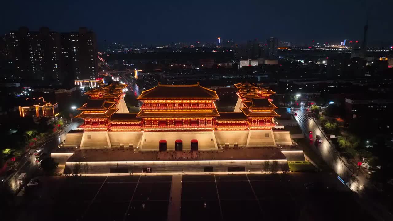 航拍河南洛阳应天门建筑风光夜景灯光城市地标视频素材