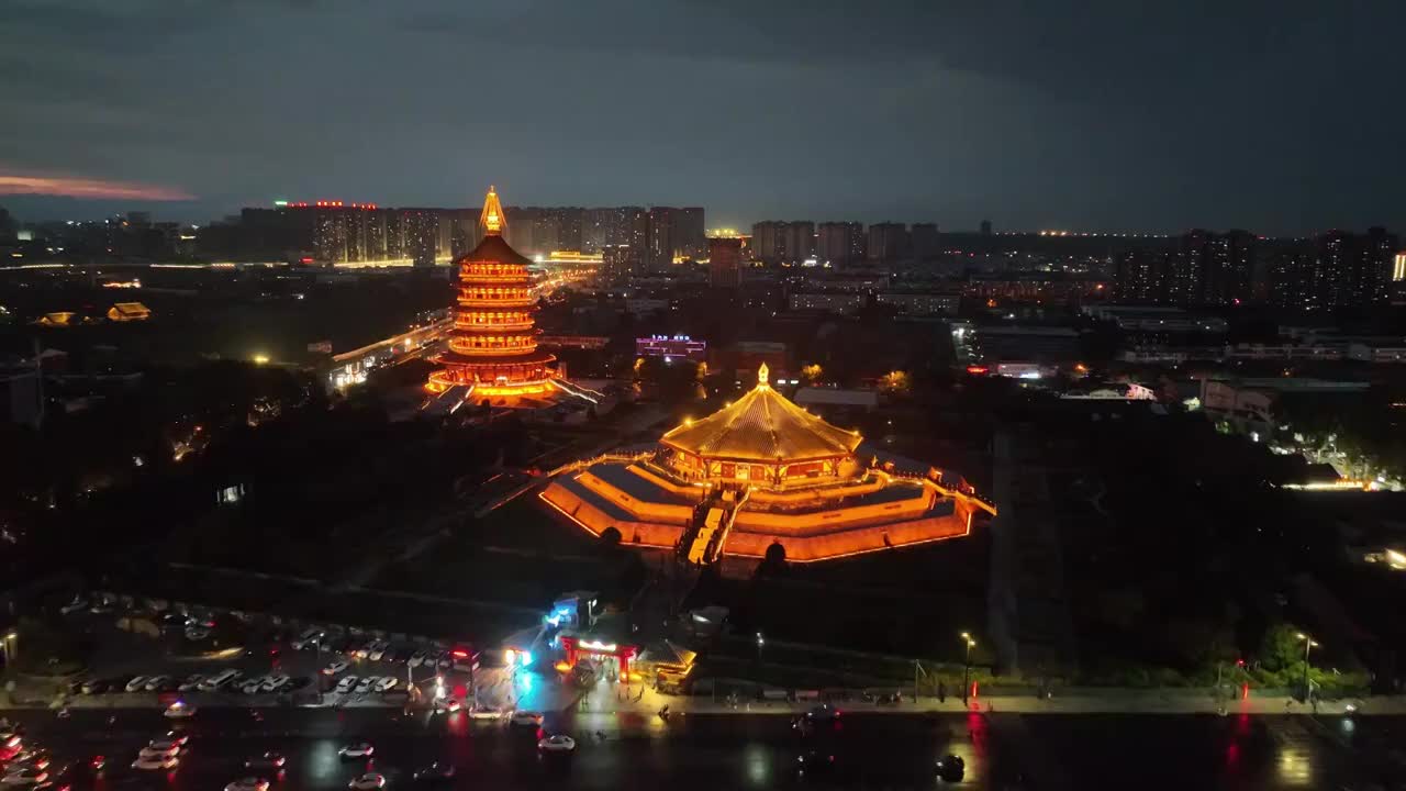 航拍河南洛阳应天门建筑风光夜景灯光城市地标视频素材