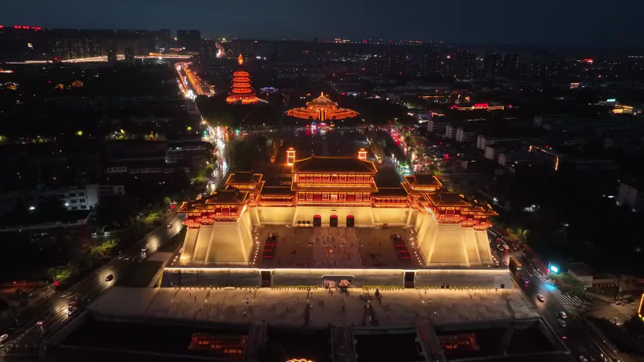 航拍河南洛阳应天门建筑风光夜景灯光城市地标视频素材