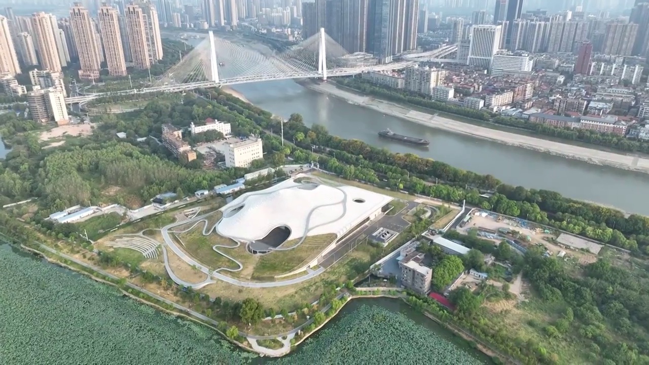 航拍湖北武汉琴台湖艺术馆现代建筑城市风光视频素材