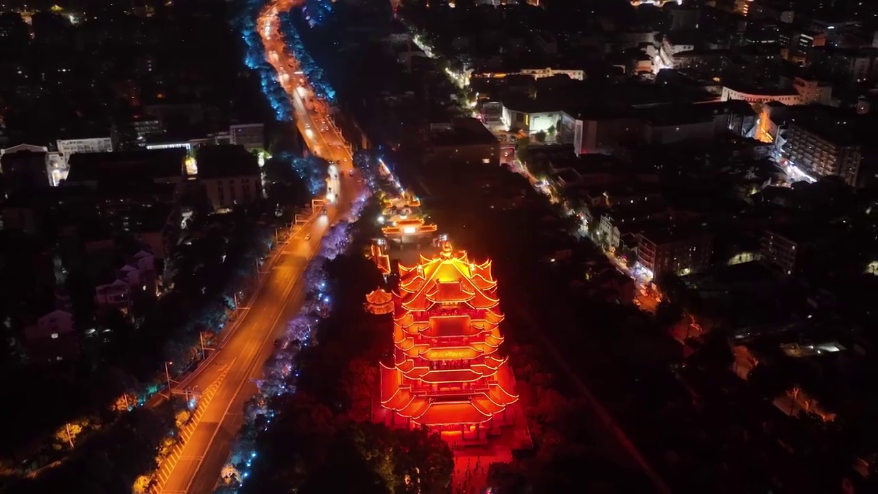 航拍湖北武汉黄鹤楼夜景旅游景点古建筑历史城市风光视频素材