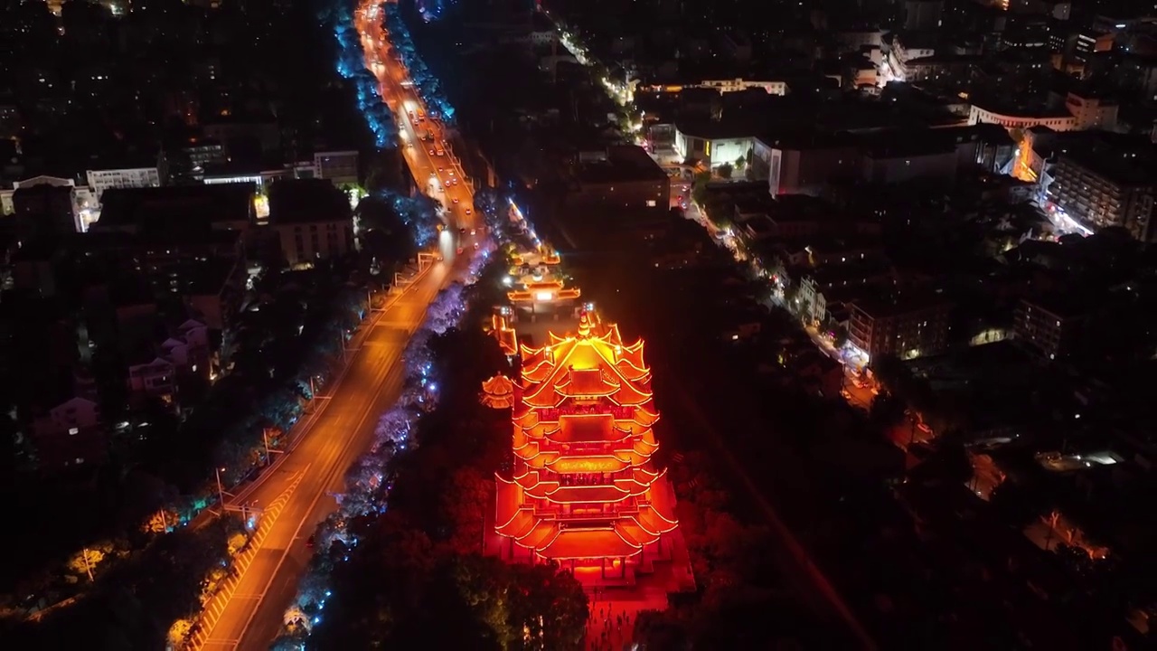 航拍湖北武汉黄鹤楼夜景旅游景点古建筑历史城市风光视频素材