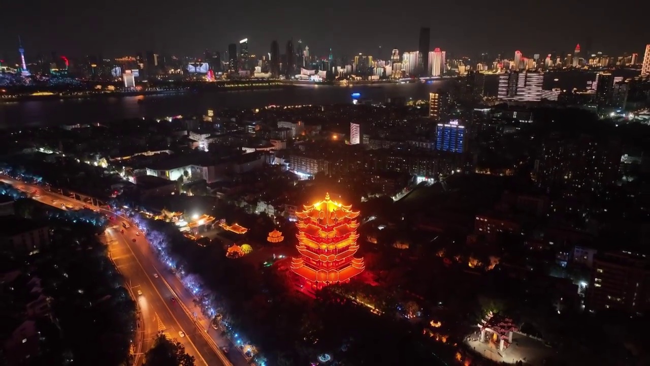 航拍湖北武汉黄鹤楼夜景旅游景点古建筑历史城市风光视频素材